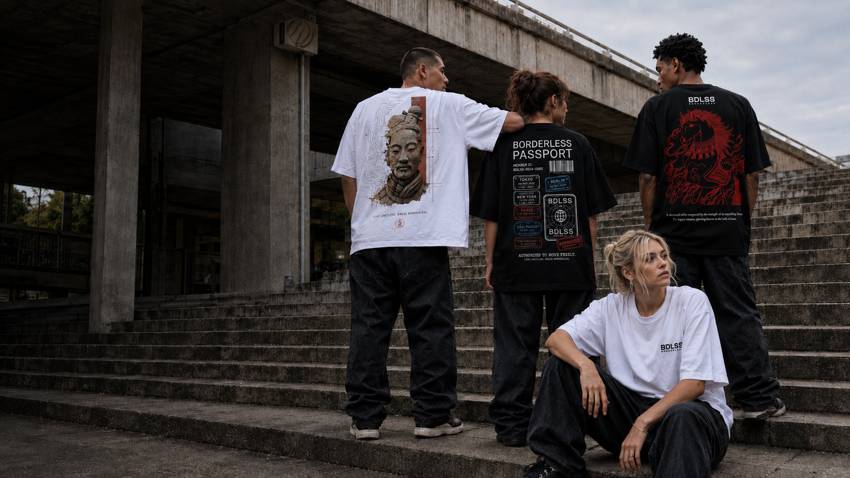 Crew BDLSS en escalera brutalista — colección Borderless