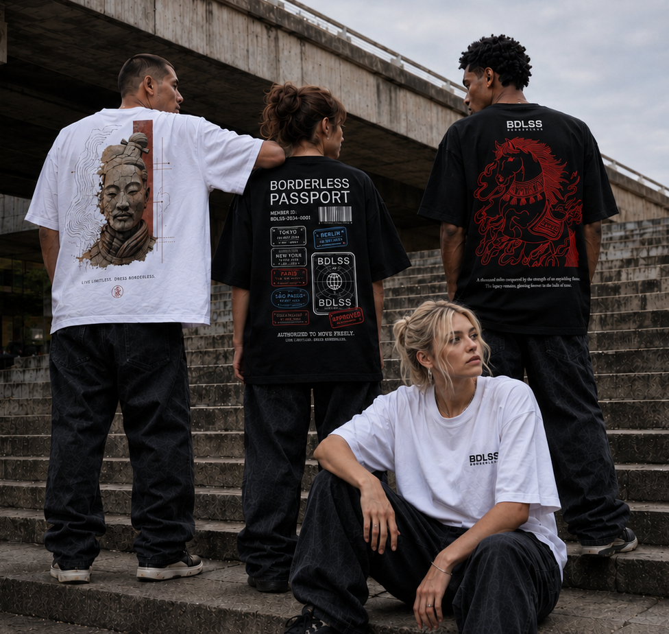 Crew BDLSS en escalera brutalista — colección Borderless